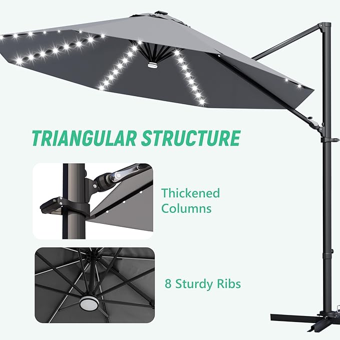 Greesum 10FT Outdoor Patio Umbrella with High Pedel and 4 Gear Heights, Large Offset Umbrella with Solar LED Lights and 360-degree Rotation, Without Base, Hanging Outdoor Shade for Garden, Gray