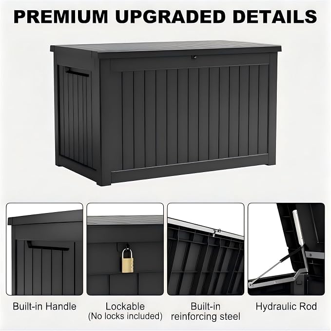 200 Gallon Resin Outdoor Storage Box for Garden Tools, Pool Supplies & Outdoor Patio Cushions – UV-Resistant, Waterproof, Durable Material – Lockable (Black)