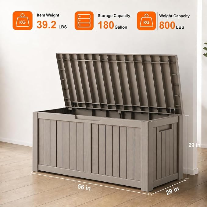 LAUSAINT HOME 180 Gallon Resin Deck Box, Package Delivery Box with Lockable Lid, Waterproof Outdoor Storage Box For Garden Tools, Patio Cushions(180 Gallon,Grey)
