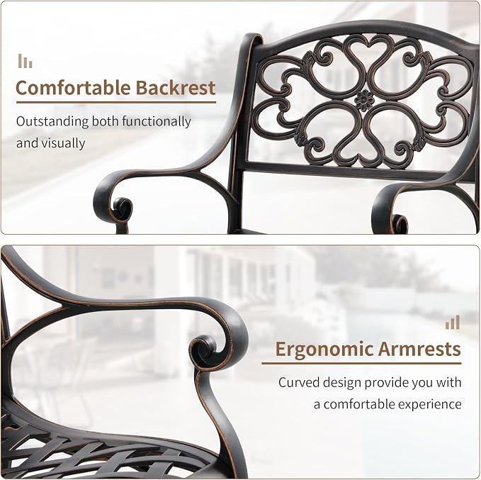 3 Piece Outdoor Dining Set,Cast Aluminum Bistro Set with Umbrella Hole, All Weather Patio Furniture Set, Small Patio Dining Set for Garden/Balcony/Deck Bronze (Flower Backrest)