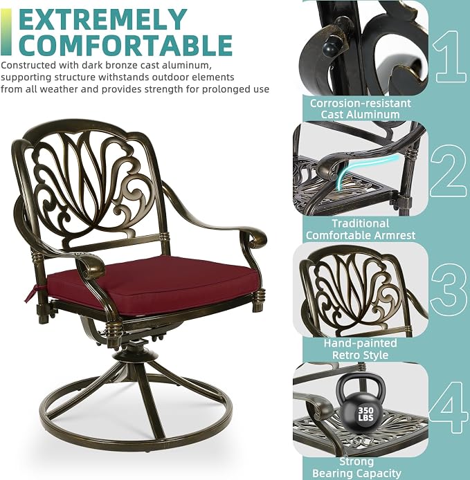 MEETWARM 9-Piece Outdoor Patio Dining Set, All-Weather Cast Aluminum Patio Conversation Set- 8 Cushioned Swivel Rocker, 61" Round Patio Dining Table w/Detachable Lazy Susan/Umbrella Hole, Chili Red