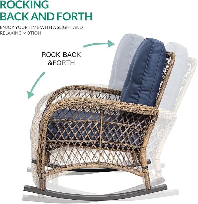 VIVIJASON 7-Piece Outdoor Patio Wicker Conversation Sets, All Weather Outdoor Rattan Furniture Set Includes Glider Loveseat, 2 Rocking Chairs, 2 Swivel-Gliders Chairs, 2 Coffee Table, Navy Blue