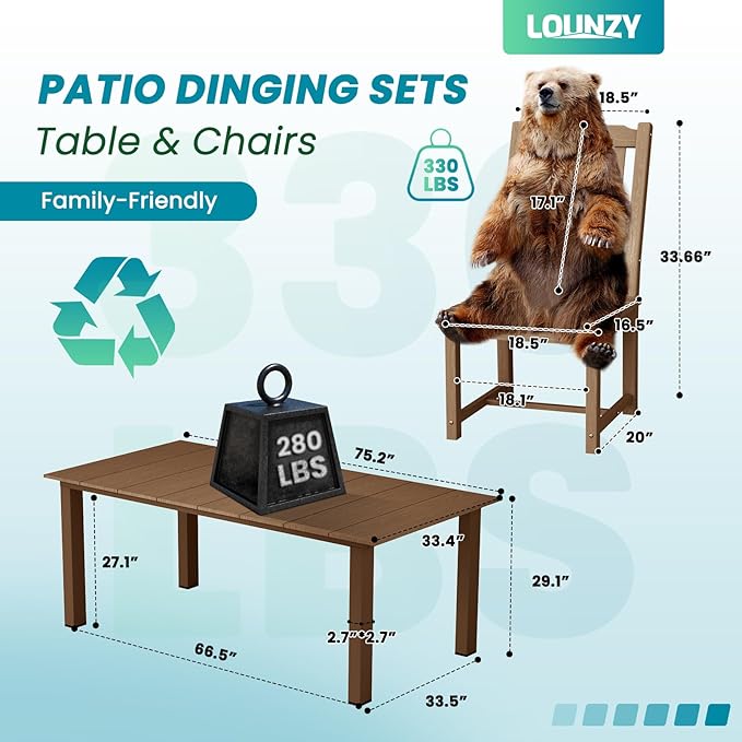 LOUNZY 7 Pieces Patio Dining Sets, Outdoor HDPE Furniture Set for 6 w/ 2" Hole Cut-Out Dining Table with 6 Armless Patio Chairs for Pool, Lawn and Garden,Brown