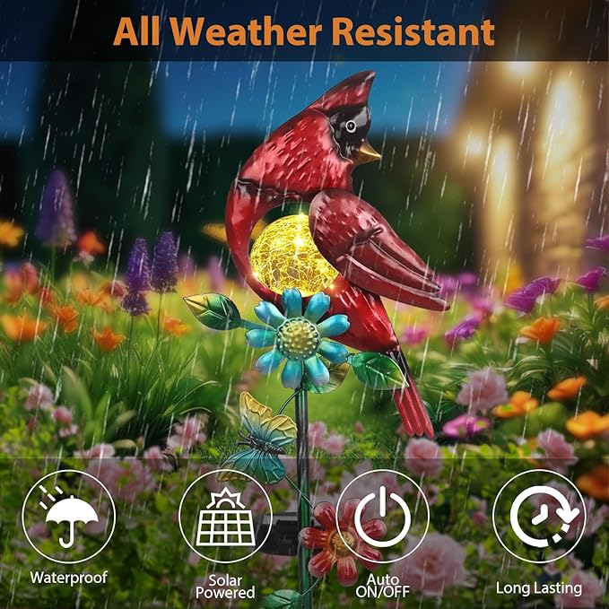 Cardinal Decor Solar Garden Stakes Outdoor Decorative Waterproof Metal Garden Sculpture Cardinal Solar Lights for Outside Lawn Yard Patio Cemetery Decoration Red Bird Gardening Gifts for Women