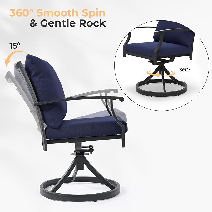 HAPPATIO 9-Piece Patio Dining Set, Outdoor Dining Set with Powder-Coated Metal,Dining Table with Umbrella Hole, 8 Swivel Chairs with Removable Cushions for Porch Poolside Garden,Navy Blue