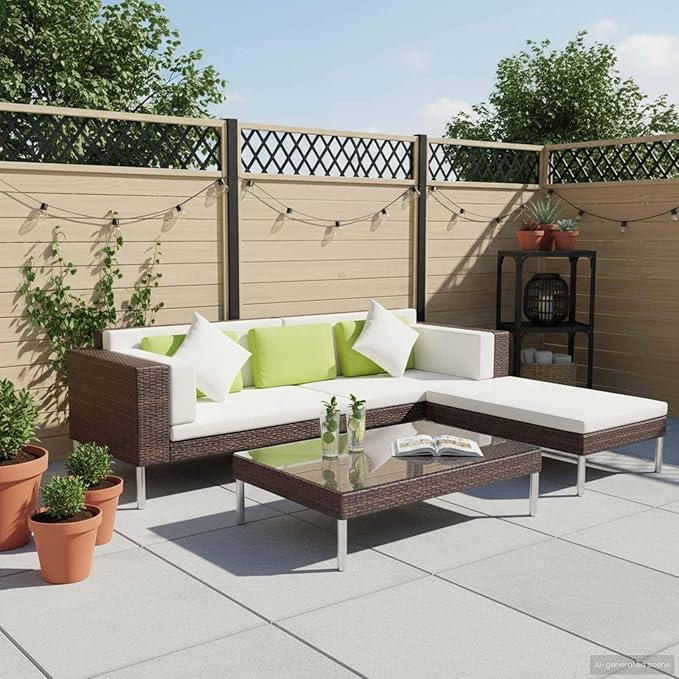 vidaXL Patio Furniture Set 4 Piece, Patio Conversation Set with Cushions, Sectional Sofa with Coffee Table, Wicker Furniture for Garden, Poly Rattan Brown