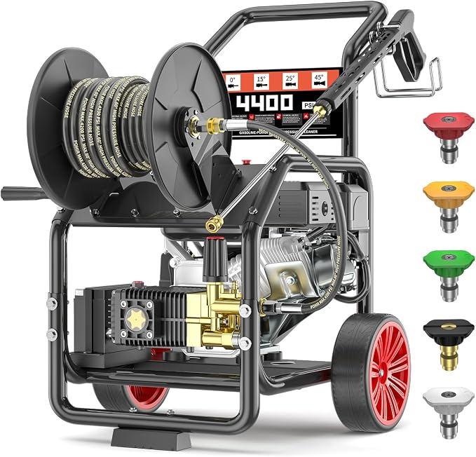4400PSI Gas Pressure Washer with Hose Reel, One-Button Start 420cc 15HP 4-Cycle Engine, 4.0 GPM Heavy Duty Power Washer with 50FT 3/8" Hose, Spray Gun & Wand, 5 Quick Connect Nozzles