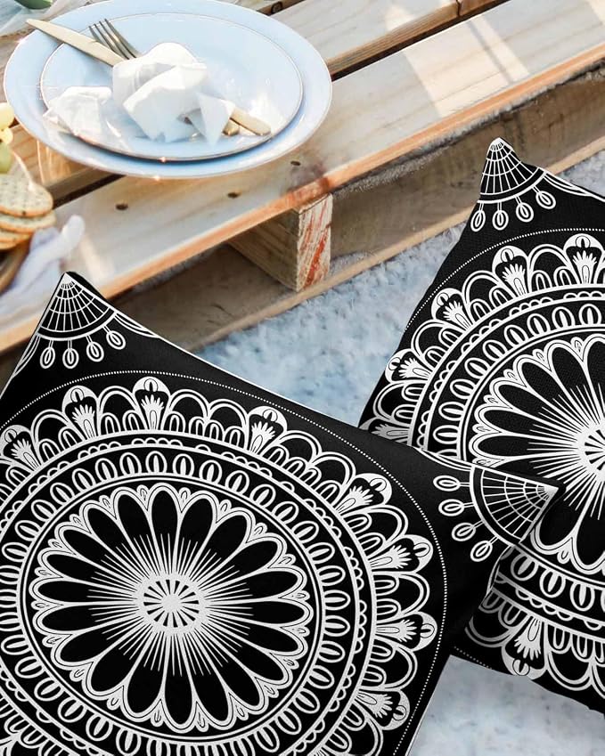 Outdoor Pillow Covers 16x16in Pack of 2 Waterproof Pillowcase Boho Ethnic Mandalas Floral Decorative Throw Cushion Case for Patio Couch Sofa Black White