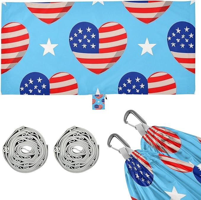 4th of July Independence Day Red and Blue Love 330lb Capacity Outdoor Hammocks Indoor Hammock for Outside Beach Patio Garden hamaca con Base para adultos