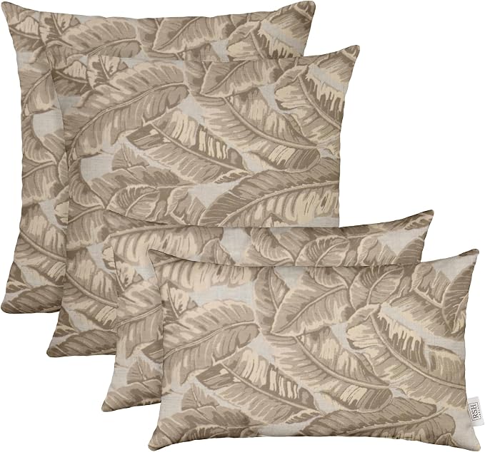 RSH DECOR: Sunbrella Lumbar & Square Pillows Set of 4 | 20" x 12" & 17" x 17" | Water and Fade-Resistant Performance Fabric | Outdoor Throw Pillows for Patio | Made in USA (Tropics Linden Pebble)