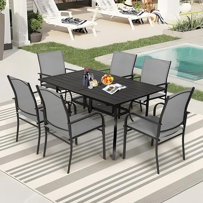 Incbruce 7 Pieces Outdoor Dining Set, Patio Metal Dining Set of 6 Textilene Chairs and Rectangle Table with Umbrella Hole for Lawn, Garden, Porch and Backyard (Grey)