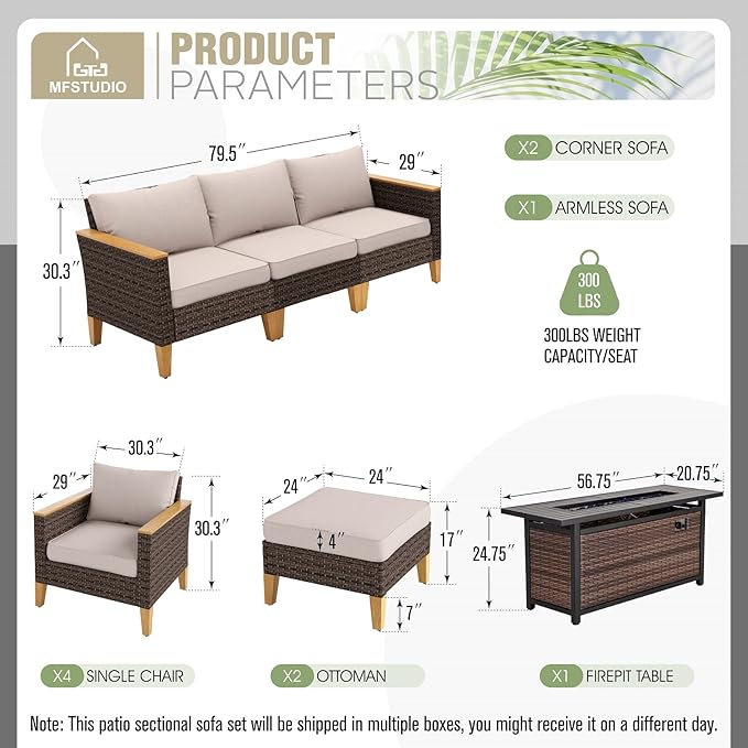 MFSTUDIO 9 Piece Wicker Patio Furniture Set with 56" Fire Pit Table, All-Weather PE Rattan Patio Sectional Sofa Conversation Set with 50000 BTU CSA Approved Fire Pit Table, Ottoman & Beige Cushion