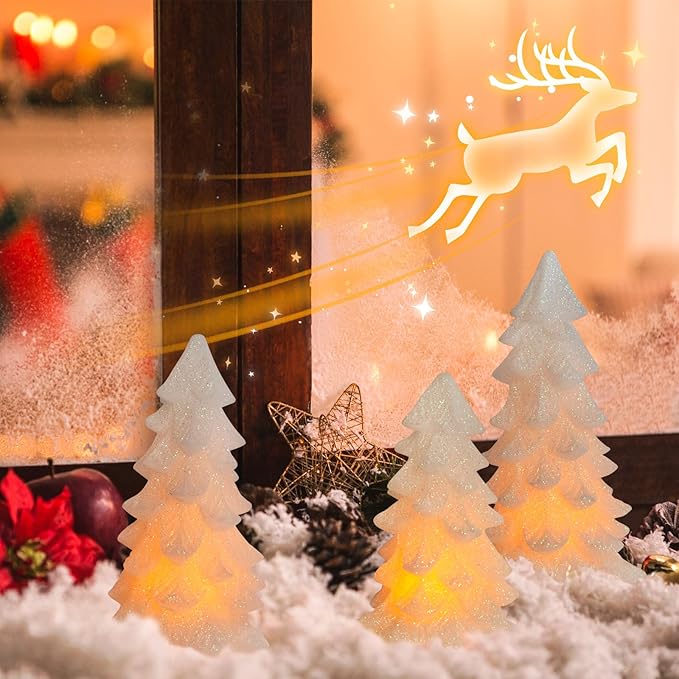 White Glittering Christmas Tree Shaped Flameless Candles with Timer, Real Wax Flickering Battery Operated LED Candles for Christmas Home Party Decoration Set of 3