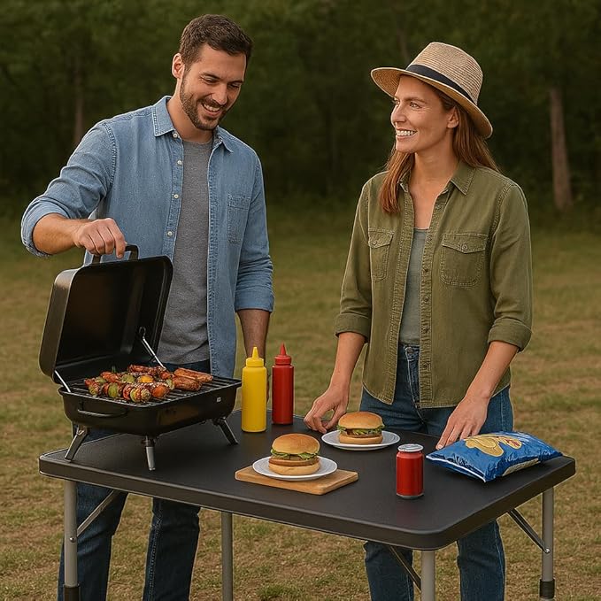 Magshion 4ft Plastic Folding Table, Indoor Outdoor Collapsible Portable Dining Table w/Handle, Ideal for Picnic Party Camping, Black
