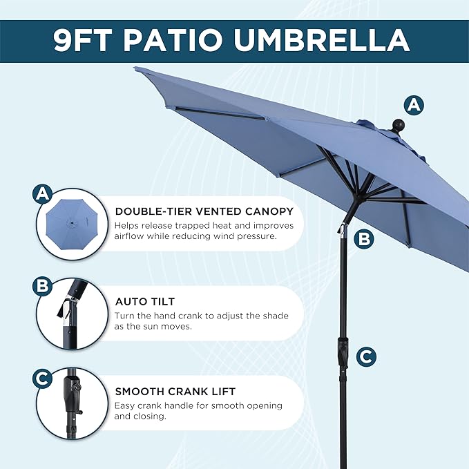 9FT Outdoor Patio Umbrella with Crank Lift & Auto Tilt - Market Umbrella, 8 Heavy-Duty Ribs, UV Resistant & Water-Repellent for Garden, Deck, Poolside & Backyard