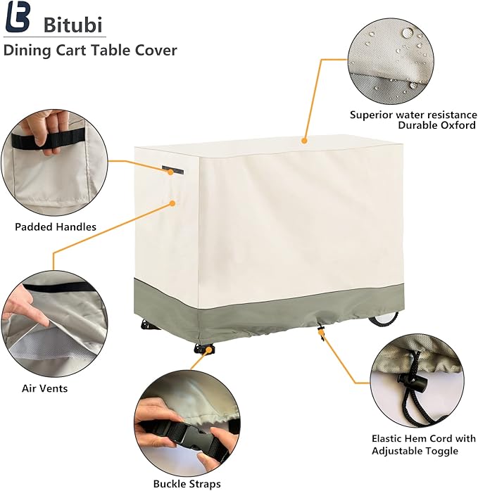 Bitubi Outdoor Dining Cart Cover for Royal Gourmet Double-Shelf Movable Dining Cart Table, Heavy Duty Waterproof Prep Table Cover with Split Zipper, Compatible with 40 inch Utility Cart, Beige