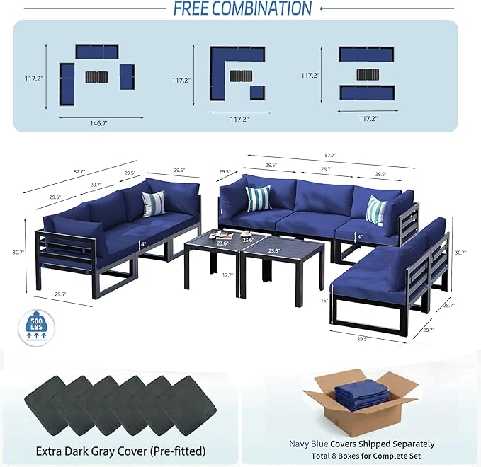 NICESOUL 10 Piece Oversized Modern Aluminum Patio Furniture Set, All Weather Rust Resistant Modular Sectional Sofa with Side Table, 500 lbs Heavy Duty Comfortable Outdoor Couch for Backyard, Navy Blue