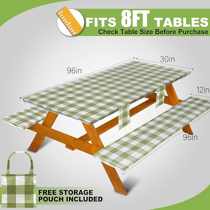 Picnic Table Cover with Bench Covers Vinyl Elastic Edges Fitted Rectangle Seat Tables Waterproof 3-Piece96X30in Set Outdoor Rectangular Folding Backing Tablecloth for Camping Over Size