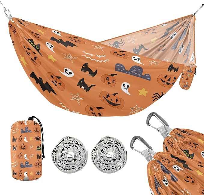 Halloween Print Pumpkin Camping Hammock, Portable Lightweight Single Hammock with Tree Straps and Aluminum Carabiners, 114" x 54" Travel Hammock for Hiking Backpacking Beach