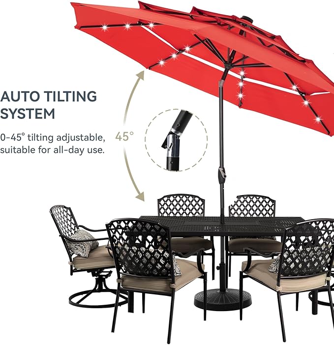 GREEN PARTY 10ft Patio Umbrella with Solar Lights, Auto-Tilt Lighted Market Table Umbrellas with Crank, 8 Sturdy Ribs & 1.5" Pole outdoor umbrellas for Patio Garden Deck Backyard Pool, Orange Red
