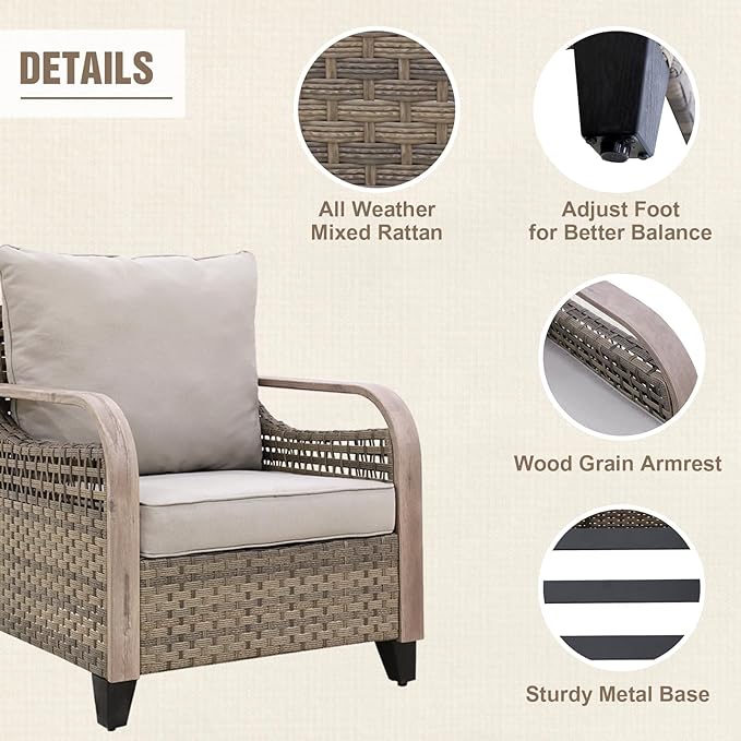 Modern Wicker Patio Furniture Set, Rattan Outdoor Conversation Set， 2 Patio Chairs, 2 Swivel Rocking Chairs, 3 Seat Couch, Loveseat, Coffee Table and Side Table, 8 Pieces, Brown/Gray