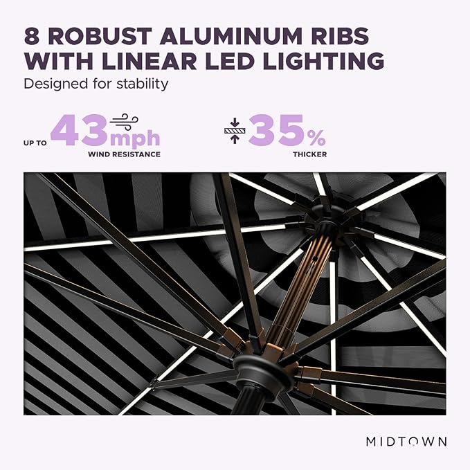 Midtown Umbrellas The LED Swilt 8 Feet Patio Umbrella With Terylast Zebra (Black/White) Polyester Fabric - Auto-Tilt Aluminum Frame With LED Lights For Backyard, Deck, Garden, Pool - Black Pole