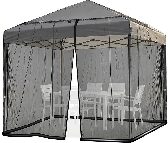 Mosquito Netting for Patio Umbrella 10x10 Ft Canopy Screen, Weather-Resistant 75D Polyester Mesh with TPU Water Pipe Base, Double Zipper Door for Backyard Dining, Black