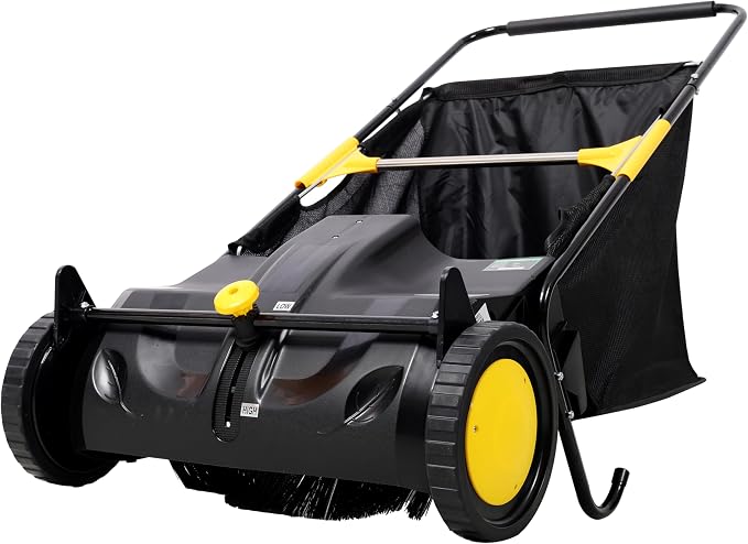 21 Inch Lawn Sweeper Push Hand Powered for Leaves, Grass Clippings & Yard Debris, 4 High-Speed Brushes & Large 7 cu ft Hopper Bag | Adjustable Height, ABS+Steel Frame (21 Inch Black)