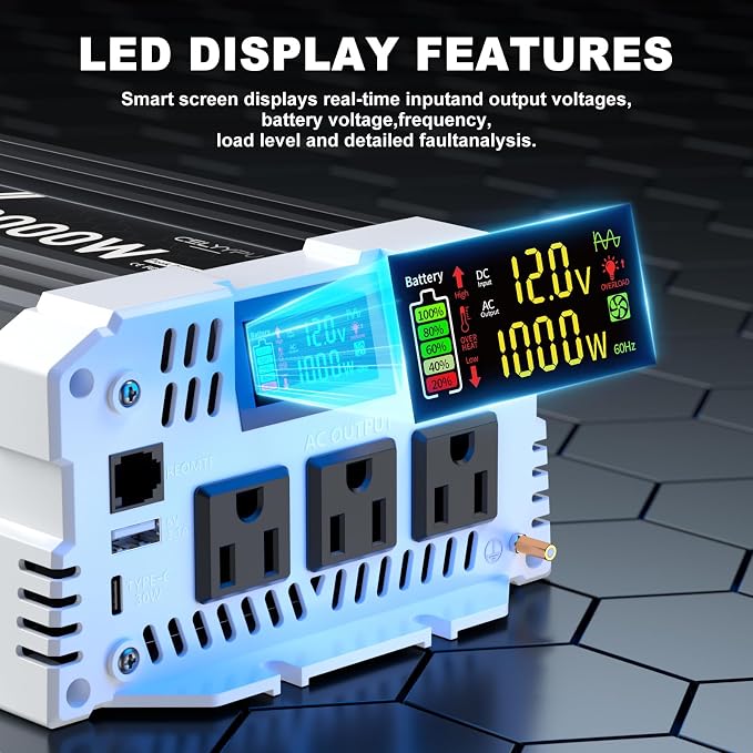 1000 watt Pure sine Wave Inverter, 12V DC to 110V AC Power Inverter, with 3 AC Output sockets, USB Port, Type-C Port, Remote Control with LCD Screen, Used for Solar Emergency Power Supply in RV Homes