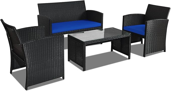 Goplus Rattan Patio Furniture Set 4 Pieces, Outdoor Wicker Conversation Sofa and Table Set with Soft Cushions & Tempered Glass Coffee Table for Balcony Garden Backyard (Blue)