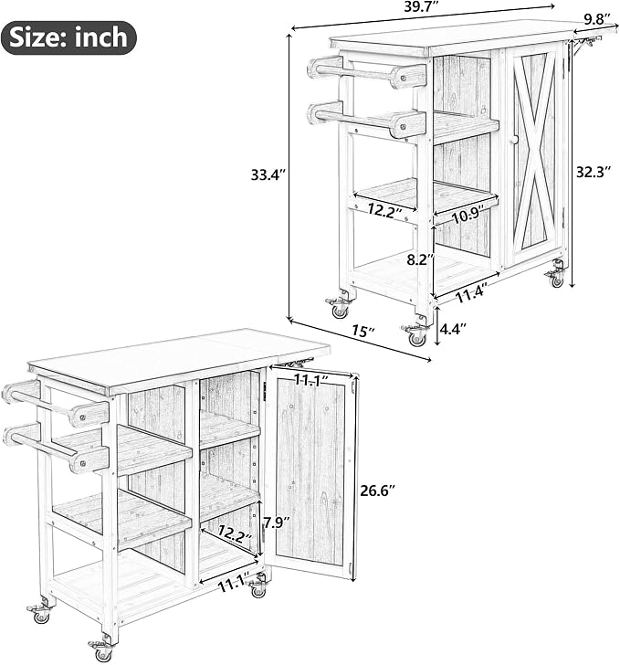 Fold-able Outdoor Storage Box with Stainless Steel Worktop, Fir Wood Patio Storage Cabinet with Lockable Wheels and Towel Rack, 40 Inch Deck Box for Grilling and Garden Tools, Grey