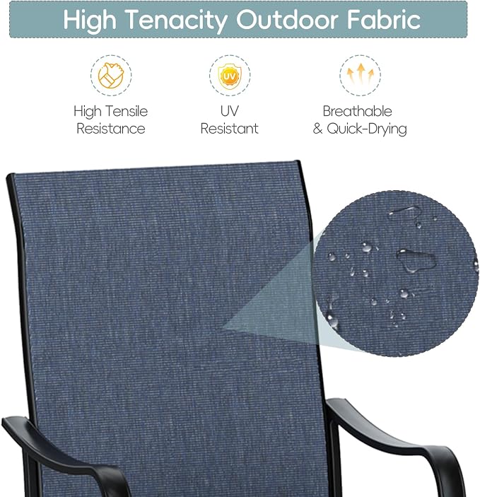 5 Piece Patio Dining Set for 4 Swivel Chairs and 42” Round Metal Table with Umbrella Hole, All Weather Patio Dining Furniture Set for Deck Lawn Backyard, Black Table and Navy Blue Chairs Set
