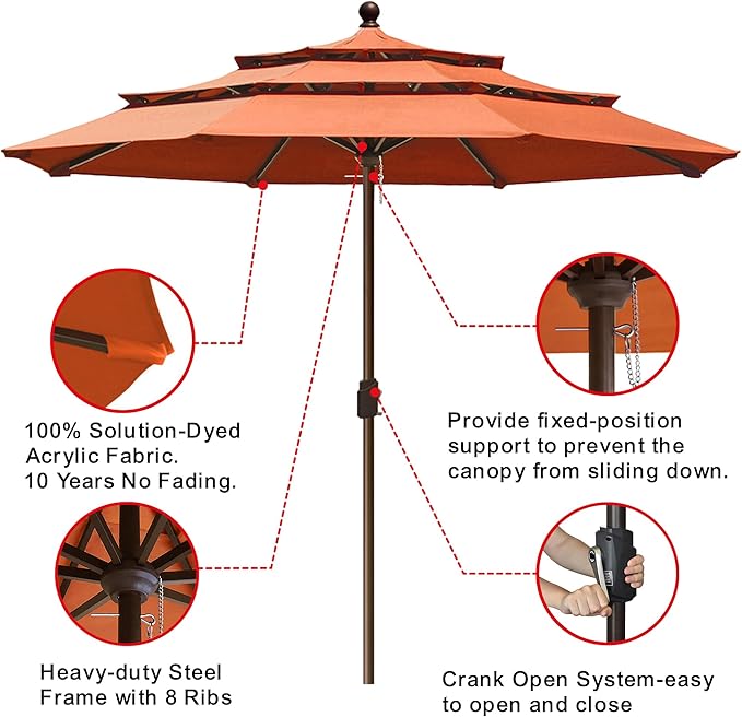EliteShade USA 10-Year-Non-Fading 11ft 3-Tier Market Patio Umbrella, Commercial Grade Outdoor Table Umbrella with Crank Open, Windproof & UPF 50+ UV Protection, Heavy Duty Ventilation for Garden, Deck, Pool, Backyard, Beach & Bistro, No Tilt, Rust
