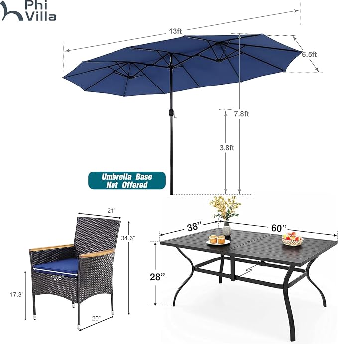PHI VILLA 7pc Patio Dining Set w/Umbrella, Rectangular Table, Rattan Chairs | Outdoor Dining Set for 6, 60" Metal Table & 6 Cushioned Rattan Chairs with Navy Blue Umbrella for Outdoor, Deck, Yard, Porch