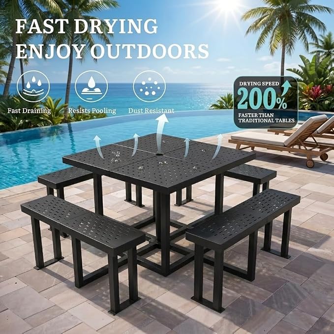 DWVO 38" Square Metal Picnic Table with Umbrella Hole - Heavy Duty Q235 Carbon Steel Outdoor Table Set for Patio, Backyard, and Lawn - Industrial Steel Construction