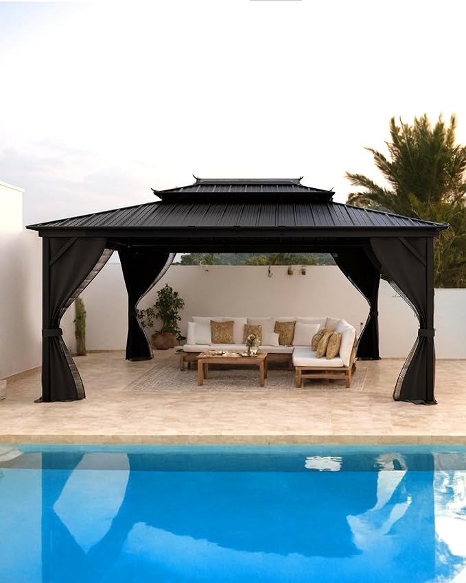 GarveeLife Hardtop Gazebo 12 ft x16 ft for All Weather, with Double Metal Roof, Net, and Curtain, Permanent Building for Patio, Deck, Backyard, Lawn, and Garden
