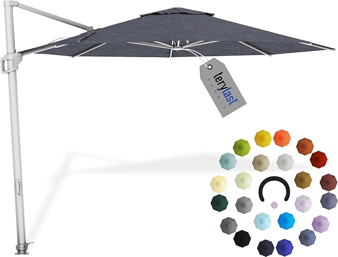 Midtown Umbrellas 10 Ft Outdoor Cantilever Patio Umbrella w/Terylast Heather Grey Fabric - Rotate 360° Offset Patio Umbrella, Deck Patio Umbrella, Backyard Umbrella & Garden Umbrella - Silver Frame