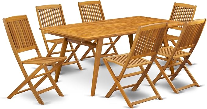East West Furniture DECM7CWNA 7 Piece Patio Garden Table Set Consist of a Rectangle Outdoor Acacia Wood Dining Table and 6 Folding Side Chairs, 40x72 Inch, Natural Oil
