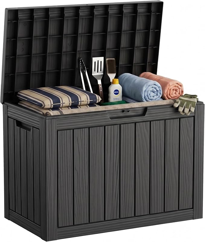 46 Gallon Waterproof Resin Outdoor Storage Box, Multifunctional Patio Deck Box, Weatherproof Outdoor Bin for Garden, Pool, Backyard & Porch Furniture Tools (Black, 46 Gallon)