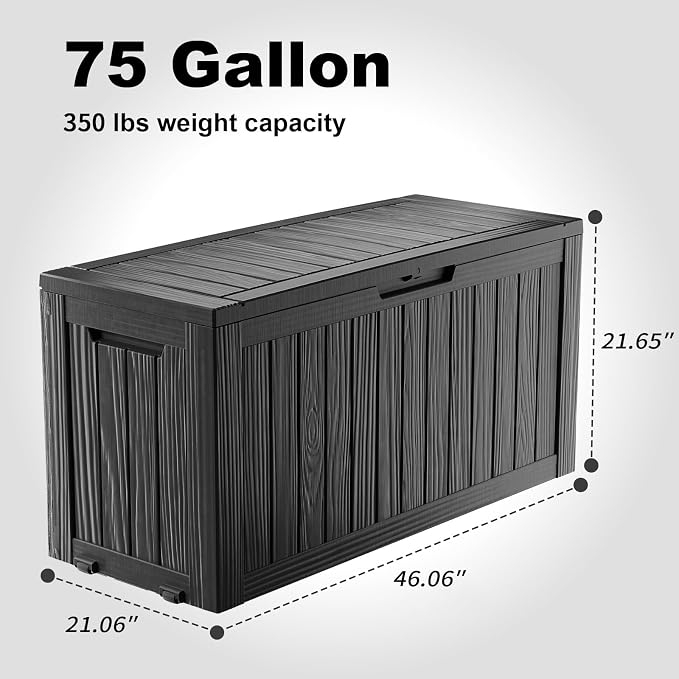 PatioZen 75 Gallon Outdoor Deck Box,Waterproof Resin Outdoor Storage Boxes, Outside Storage Lockable Container for Garden Tools,Indooor Cushions,Accessories (Black)