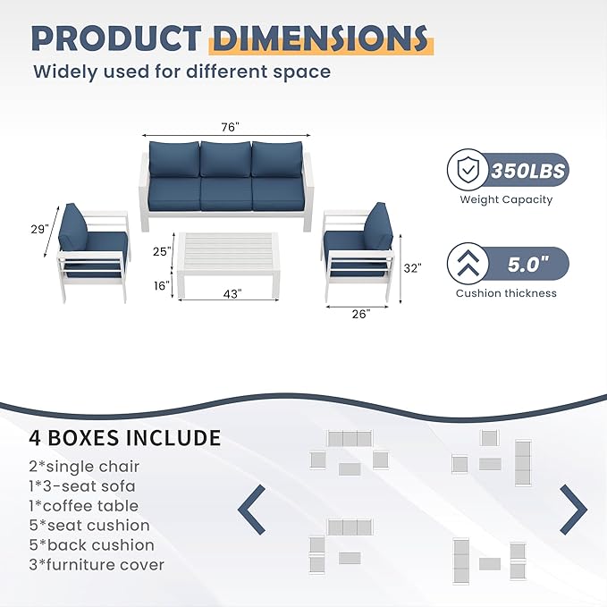 Amopatio Aluminum Patio Furniture Set, 6 Pieces Metal Outdoor Patio Furniture Sets, Outdoor Sectional Modern Sofa Couch with Coffee Table for Pool, Garden, White&Blue (Included Waterproof Covers)