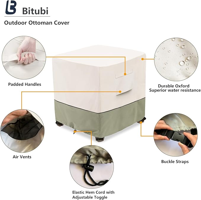 Bitubi Waterproof Patio Ottoman Cover, Heavy Duty Square Outdoor Side Table Furniture Covers Size 22L x 22W x 18H inch (Beige)
