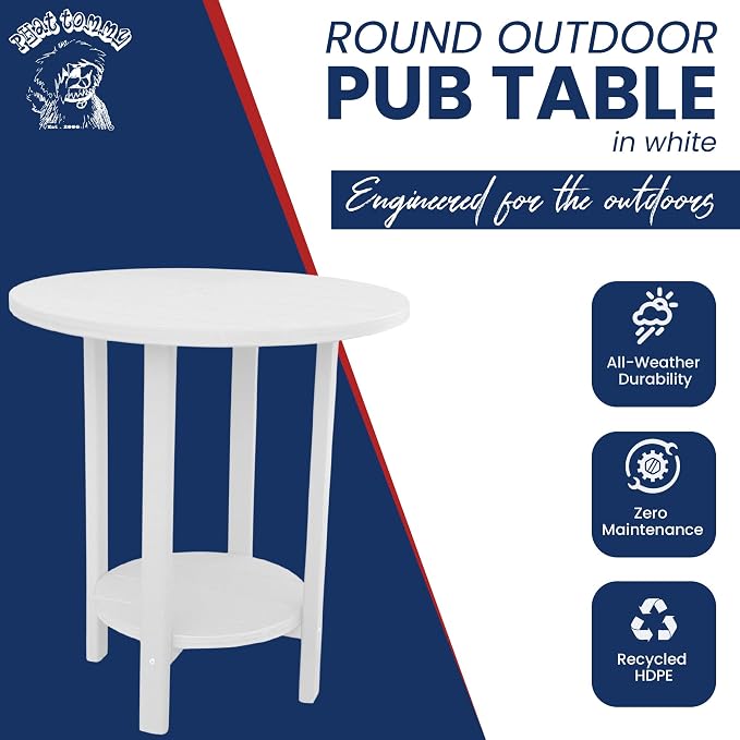 Phat Tommy Round Bar Height Patio Table - Outdoor Bar Table - Balcony Height Patio Furniture for Your Deck - Poly Outdoor Furniture, White