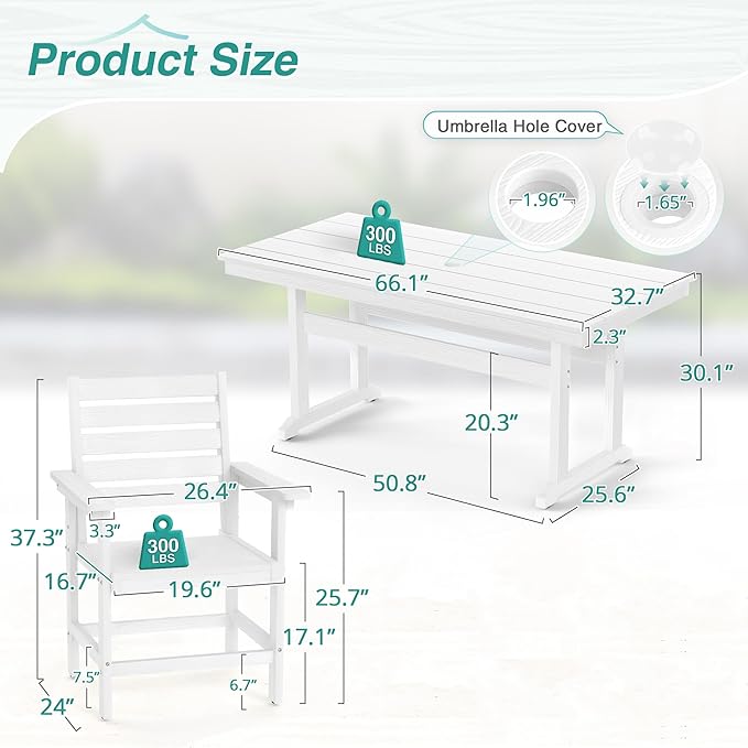 7 Piece Patio Dining Set, 66" Rectangle HDPS Weather Resistant Outdoor Table & 6 Patio Chairs Set with 1.96" Umbrella Hole, Heavy Duty Chairs for Backyard Balcony Deck, White