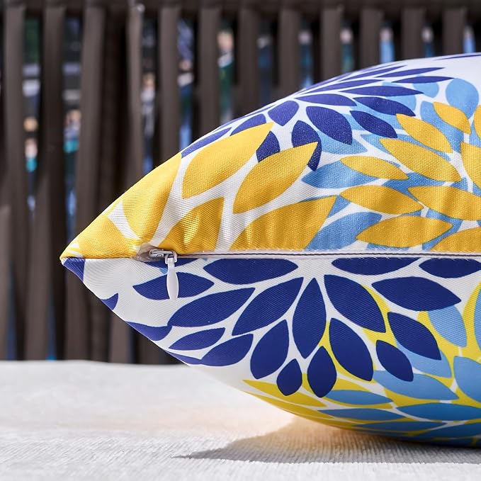 Set of 2 Yellow and Blue Dahlia Throw Pillow Covers 12x20 Inch Outdoor Pillows Waterproof Cushion Covers Decorative Spring Summer Pillowcases for Sofa Bedroom Patio Garden Farmhouse Decor