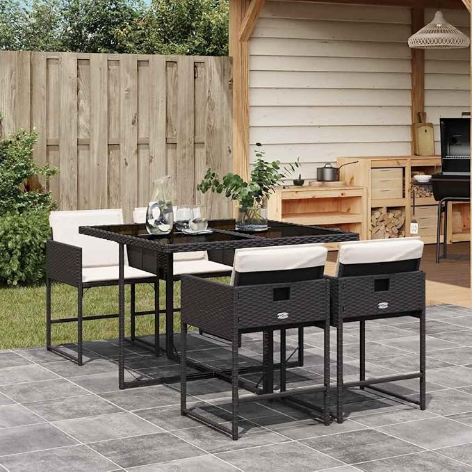 5 Piece Patio Dining Set with Cushions Black Poly Rattan Outdoor Table and 4 Folding Chairs for Garden Backyard Deck Tempered Glass Top UV-Proof Space-Saving