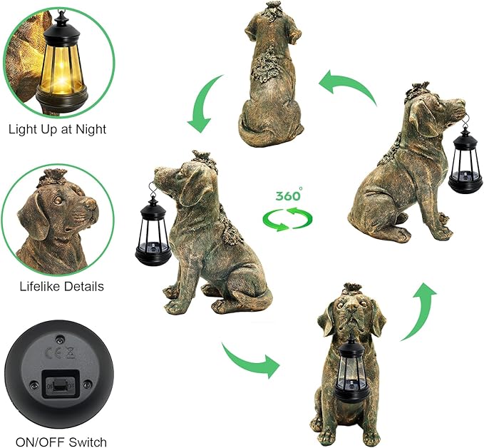 Solar Garden Statue Dog Figurine Decor with Lantern Lights, 11 Inch Outdoor Decoration Solar Dog Sculptures for Outside Patio Lawn Balcony Yard Ornament, Dogs Lover Gifts for Women Mom Mother's Day
