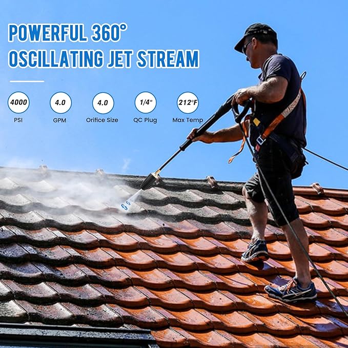 Turbo Nozzle Pressure Washer Tips, Durable Ceramic Core, 360° Rotating Pressure Washer Turbo Nozzle 4000 PSI with 1/4'' Quick Connect, 4.0 GPM, 4.0 Orifice, Hot- or Cold-Water Use