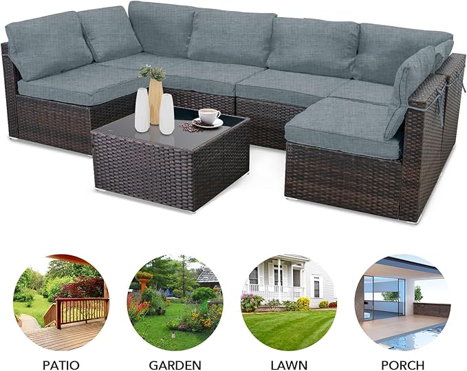 7 Pieces Outdoor Patio Furniture Sets,Rattan Conversation Sectional Set,Manual Weaving Wicker Patio Sofa with Tea Table