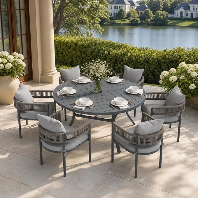 VICLLAX Patio Dining Set, 53.1" Dark Grey Table & 6 Chairs with Grey Cushion
